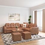 FURNY Desiroy 8 Seater Leatherette Sectional Corner Modular L Shape Sofa Set with 1 Centre Table & 2 Puffy (Brown)