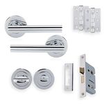 XFORT Polished Chrome Liberty Lever On Rose Bathroom Pack, Complete Set with T-Bar Bathroom Handles, Bathroom Lock, 75mm Ball Bearing Hinges and Thumb Turn & Release Set, for Internal Bathroom Doors