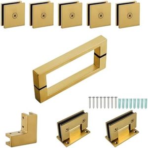 FEKEWIO Shower Door Hardware kit Frameless Swing Hinged Corner Shower Enclosure Accessories Parts Replacement for 5/16” 3/8” to 1/2" Thick Glass Panle with Hinges Handles Glass Clamp - Brushed Gold