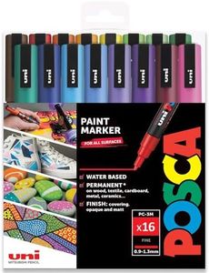 Posca PC-3M - Rotuladores permanentes a base de agua, 0,9-1,3 mm, espectro completo, juego de 16 bolígrafos en estuche de regalo de plástico