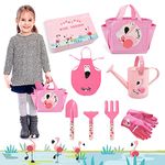 Hortem Kids Gardening Tools Set, 7 PCS Kids Garden Play Toys Include 3 Hand Tools, 1 Garden Bag, 1 Kids Garden Glove, 1 Kids Apron and 1 Watering Can, Garden Gifts for Children(Pink)