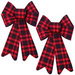 ANECO 2 Pack 12 x 18 Inches Red Buffalo Plaid Christmas Bows Christmas Wreaths Bows Xmas Plastic Bows for Christmas Tree, Garland and Outdoor Decoration