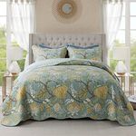 NEWLAKE Cotton Bedspread Quilt Sets-Reversible Patchwork Coverlet Set, Green Floral Pattern, Queen Size