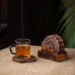 ExclusiveLane 'The Dancing Peacock' Hand Carved Wooden Coasters for Cups with Holder in Sheesham Wood (Set of 4) - Coaster Coffee Tea Coster for Dining Table Accessories for Home