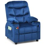 COSTWAY Kids Velvet Recliner Chair, Adjustable Children Armchair Sofa with 2 Cup Holders, Footrest, Side and Front Pockets, Toddler Gaming Lounger for Boys Girls (Blue)