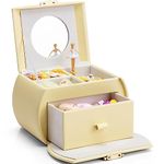 Vlando Musical Jewelry Box for Girls Kids with Drawer, Music Box with Ballerina and Stickers for Birthday Bedroom Decor, Yellow