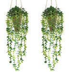 Nisoger Fake Hanging Plant with Woven Basket, 2 Pack Artificial Hanging Plants, Faux Vines Eucalyptus Leaf Hanging Pot Plant for Wall Home Room Indoor Outdoor Bedroom Bathroom Office Decor