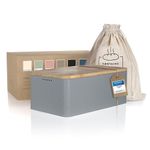 LARS NYSØM Bread Box I Metal bread box with linen bread bag for long lasting freshness I Bread box with bamboo lid usable as cutting board I 13.4x7.3x5.3In (Ash Gray)