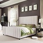 AMERLIFE Queen Size Bed Frame, Velvet Upholstered Platform Bed with Vertical Channel Tufted Headboard & Footboard/Wingback, Mattress Foundation with Wood Slats, No Box Spring Needed, Cream