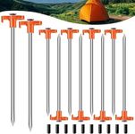 TEOYNGU 10PCS Tent Stakes,Heavy Duty Camping Tent Stakes Non-Rust Metal Tent Pegs for Garden,Hiking,Canopies,Tarp with 10pcs Rubber Protective Sleeve (Orange)