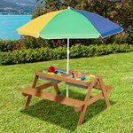 KOTEK Kids Picnic Table, 4 in 1 Sand and Water Table w/Detachable Tabletop, 2 Removable Play Boxes, Foldable & Height Adjustable Umbrella, Wood Sensory Table and Bench for Outdoors, Indoors (Colorful)