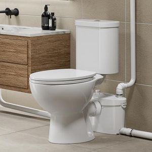 SUPERFLO 600W Upflush Toilet for Basement with Macerating Toilet System & Silent Toilet Pump, for Rear Outlet Toilet, Sink & Tub（with Extension Pipe）