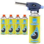 Blow Torch with 4 Butane Gas Bottles - for Camping, Cooking, Kitchen, BBQ, Desserts, Creme Brulee | Refillable Flamethrower Welding Refill Auto Ignition Soldering Weed Burning Blowtorch Lighter