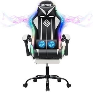 HOFFREE RGB Gaming Chair with Speakers Massage Computer Gaming Chair with LED Lights and Footrest High Back Video Game Chair for Adults White and Black