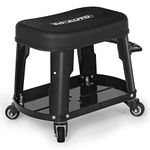 M-AUTO Heavy Duty Garage Rolling Work Seat 300LBS Capacity Mechanics Stool with Wheels, Rolling Work Seat with Equipment Tray and Tool Rack, Rectangle Seat Mechanic Roll Chair, Black