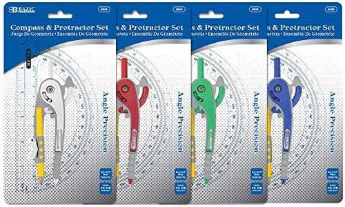 BAZIC Products Geometry Math Compass Set w/Scale-Arm, 6" Protractor, & HB Wood Pencil, Inch Centimeter, Mathematical Drafting Drawing Tool for Student, 4-Pack