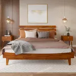 Bme Caden 15 Inch Deluxe Bed Frame with Adjustable Headboard - Mid Century, Retro Style with Acacia Wood - No Box Spring Needed - 12 Strong Wood Slat Support - Easy Assembly - Caramel, King