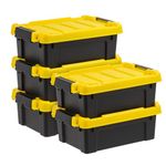 IRIS USA 12.5 L (3.3 gal) Lockable Storage Totes with Lids, 5 Pack, Heavy-Duty Stackable Containers, Garage Organizing Bins Moving Tubs, Rugged Sturdy Equipment Utility Box - Black/Yellow