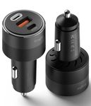 Ringke 3-Port Car Charger Designed for Cigarette Lighter, Fast Charge 12V USB Socket Type C Adapter with LED Light for Mobile Phone, Tablet, and More - Black