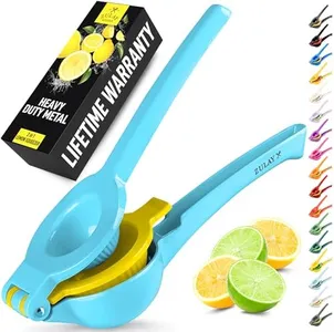 Zulay Metal 2-In-1 Lemon Squeezer Manual - Sturdy, Max Extraction Hand Juicer Lemon Squeezer Gets Every Last Drop - Easy to Clean Manual Citrus Juicer - Easy-to-Use Lemon Juicer Squeezer - Blue/Yellow