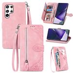 Refilerss Samsung Galaxy S22 Ultra 5G Wallet Case Zipper Pocket with Card Holder Slot Magnetic Closure Lanyard Flip Cover for Galaxy S22 Ultra 6.8 Inch - Pink