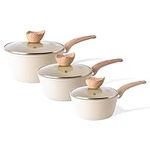 Non Stick Saucepan Set – Induction Saucepan with Lid – 3pcs Cream Granite Sauce Pan – 16cm, 18cm, 20cm Saucepot Set – by Nuovva