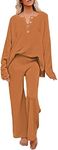 Pink Queen 2 Piece Outfits for Women Button Knit Pullover Sweater Top Loose Wide Leg Pants Tracksuit Jogger Set Brown XL