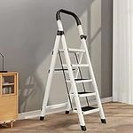 Folding Step Stool Ladder with Wide Anti-Slip Pedal, ​330​lbs Sturdy Steel Ladder, Folding Step Stools for Adults with Anti-Slip Ladder (5-Step, White)