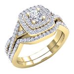 Dazzlingrock Collection 4mm Center Round Cubic Zirconia Halo Cushion Criss Cross Wedding Ring Set for Women (1.40 ctw, Color White, Clarity Clean) in 10K Gold, Cubic Zirconia 10K Yellow Gold, Cubic