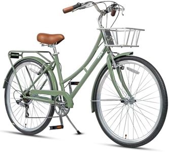 AVASTA 26 Inch Hybrid Bike, Lightweight Step-Through High Tensile Steel Frame for City Commuting, 6 Speed Comfort Bicycle with Metal Basket in Elegant Green with Stylish Black Tires for Woman Female