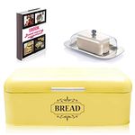 Vintage Bread Box for Kitchen Stainless Steel Metal in Retro Yellow + Free Butter Dish + Free Bread Serving Suggestions eBook 16.5" x 9" x 6.5" Large Bread Bin Storage by All-Green Products