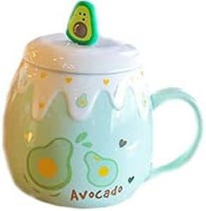 Fruit Mug with Lid Spoon 3D Cute Ceramic Coffee Tea Cup Couple Mug Set Birthday Women Friend Lovers (Green Avocado, 500 ml)