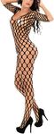 Bommi Fairy Women Lingerie Fishnet Bodysuits Nightwear for Romantic Date Long Sleeve Babydolls Mini Dress Mesh Stockings Tights Free Size (Black)