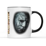 SmartyPants Halloween Mystery Slasher Mug Tea Coffee Cup - Black Horror Thriller Murderer Michael Myers Mask Scary Goth Cult Classic Film Movie Cinema Vintage Design Gift (Black Handle Prime)