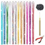 BLUSHIA Tinsel Hair Extensions Glitter Hair Tinsel Kit, Sparkling Fairy Styling Hair Tinsel Extensions with Tools - 48 Inch, 12 Colors, 2400 Strands