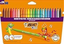 BIC Kids Kid Couleur, Washable Felt Tip Pens, Ideal for School, Assorted Colouring Pens, 24 Count (Pack of 1)