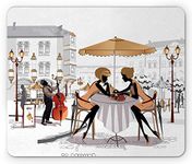 Lunarable France Mouse Pad, 2 Ladies in a Paris Cafe in Old Town with Street Musician Urban Theme, Rectangle Non-Slip Rubber Mousepad, Standard Size, Brown White
