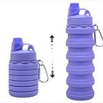 Kiditos Collapsible Water Bottle,Solid Color Silicone Foldable Water Bottle For Kids Sports,Trekking,Cycling,Outdoor,College&School Bottle With Sipper Lid&Snap Hook,Lavender (Pack Of 1, 0.50 liter)