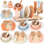 Wooden Tea Set for Toddlers Toy Kitchen Accessories 27 PCS Kids Pots Pans Playset Wooden Play Food for Toddlers Baby Montessori Toys for 1 2 3+ year old, Cutlery Holder