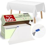 54 in X 300 FT White Plastic Table Cover Roll with Slide Cutter，Cuts Up to 36 Rectangle 8 Feet Disposable Plastic Table Cloths，Disposable Table Cover Roll for Dinning，Parties，BBQ，Wedding，Outdoor