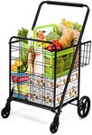 Giantex Folding Shopping Cart, Extra Jumbo Double Basket Grocery Cart w/ 360° Swivel Rolling Bearing Wheels, Large Capacity Utility Cart w/Dense Metal Mesh Base for Market, Grocery, Laundry (Black)