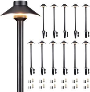 Gardenreet Solid Cast Brass Pathway Light - 12v Landscape Path Lights Outdoor Waterproof, Electric Walkway Lamp Wired, Hat Shape Black Garden Decorations with 3W 2700K Warm White G4 Bulb (12 Pack)