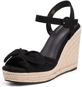 Coutgo Womens Espadrilles Wedges Bow Platform Sandals Open Toe Ankle Strap Summer Dress Heels Cute Shoes, Black, 8