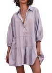 chouyatou Women's Summer Puff Sleeve Tiered Tunic Babydoll Dress Cute Mini Button Down Shirt Dress, Purple, Medium