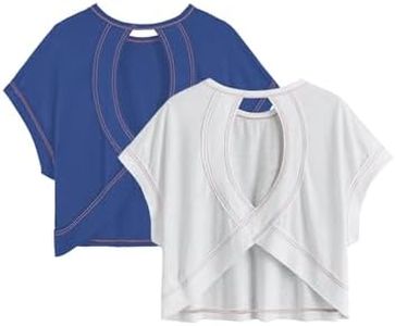 RoseSeek Girl's 2 Packs Open Back Backless Tops Criss Cross Short Sleeve T Shirts Crewneck Casual Tees White and Blue 10Y