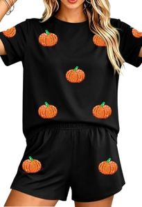 PICKID Halloween Pajamas Women Sequin Pumpkin Pjs Fall Sleepwear Black