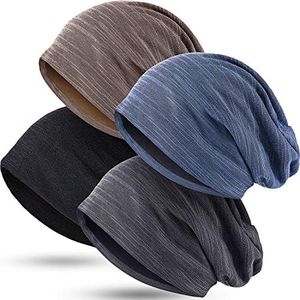 4 Pieces Slouchy Beanie Hat Sleeping Cap Baggy Skull Knit Sleeping Hat Headwear Head Wrap Cap for Men Women, Blue, Black, Gray, Khaki