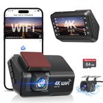 Dash Cam Front and Rear Camera Otovoda, 4K+1080P WiFi Dual Dash Cam with APP, 3’’ IPS Dash Camera for Cars with Free 64GB Card, Dashboard Camera with Night Vision, 24/7 Parking Monitor, WDR