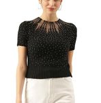 ICW Women Knit Rhinestone Embellised Mesh Half Sleeve Crop Top Slim Fit T-Shirt (One Size Bust 28-34 Inch) 107