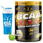 WILD BUCK BCAA Energy Drink for Workout | Pre/Post Workout Supplement | Muscle Recovery & Endurance | Muscle Protein Synthesis | 2:1:1 BCAA Supplement For Men & Women [30 Servings, Green Apple] Free Shaker